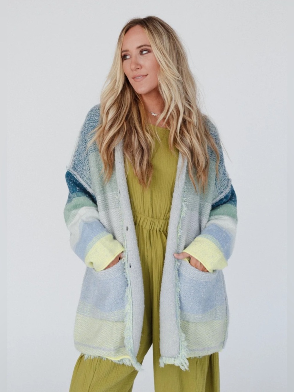 DAVI & DANI Open-Front Striped Cardigan in Green, Blue & Gray